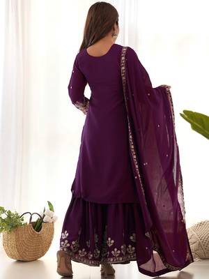 Attractive Purple Embroidered Chinon Wedding Wear Sharara Suit 6
