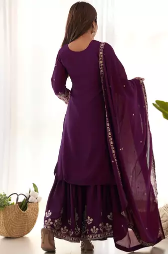 Attractive Purple Embroidered Chinon Wedding Wear Sharara Suit