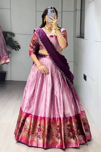 Wine  Color Silk Kalamkari Zari Weaving Border Lehenga Choli With Unstitched Blouse