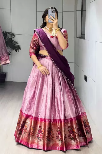 Wine  Color Silk Kalamkari Zari Weaving Border Lehenga Choli With Unstitched Blouse