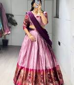 Wine  Color Silk Kalamkari Zari Weaving Border Lehenga Choli With Unstitched Blouse