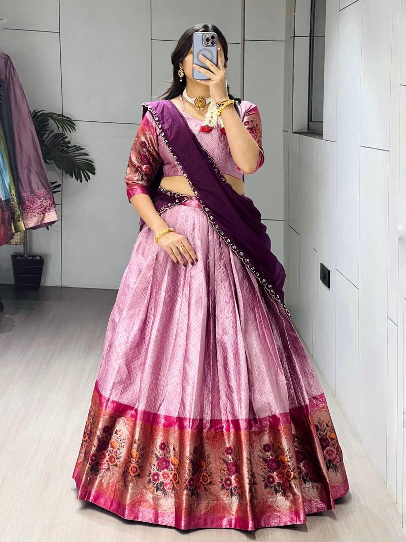 Wine  Color Silk Kalamkari Zari Weaving Border Lehenga Choli With Unstitched Blouse