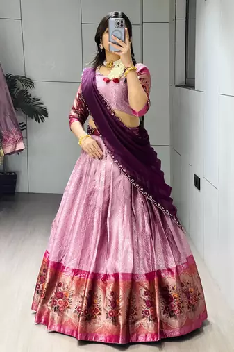 Wine  Color Silk Kalamkari Zari Weaving Border Lehenga Choli With Unstitched Blouse
