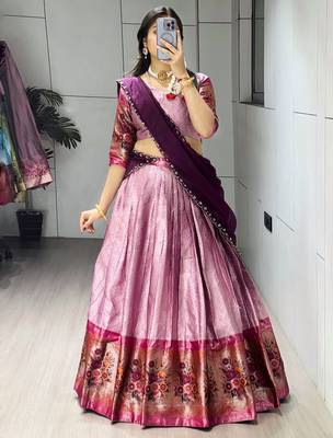 Wine  Color Silk Kalamkari Zari Weaving Border Lehenga Choli With Unstitched Blouse 3