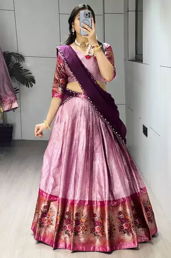 Wine  Color Silk Kalamkari Zari Weaving Border Lehenga Choli With Unstitched Blouse