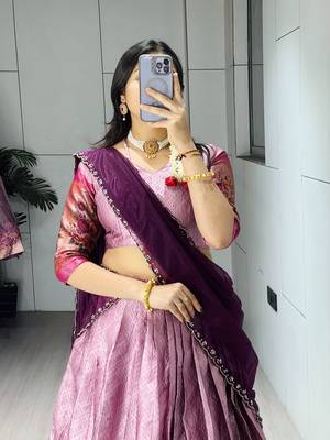 Wine  Color Silk Kalamkari Zari Weaving Border Lehenga Choli With Unstitched Blouse 4