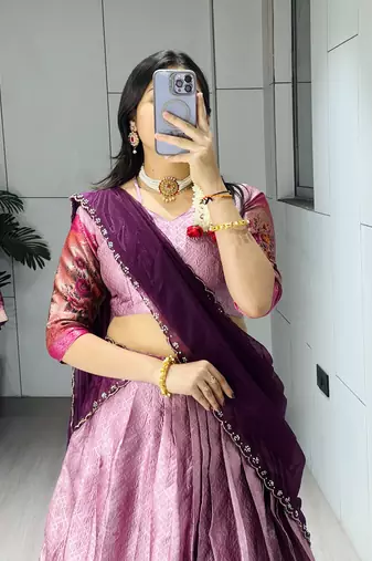 Wine  Color Silk Kalamkari Zari Weaving Border Lehenga Choli With Unstitched Blouse