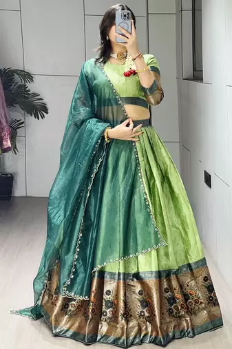 Parrot Color Silk Kalamkari Zari Weaving Border Lehenga Choli With Unstitched Blouse