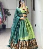 Parrot Color Silk Kalamkari Zari Weaving Border Lehenga Choli With Unstitched Blouse