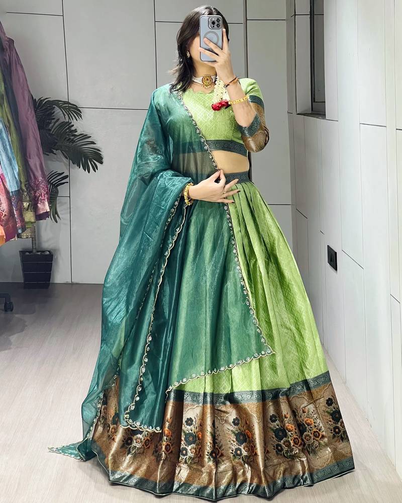 Parrot Color Silk Kalamkari Zari Weaving Border Lehenga Choli With Unstitched Blouse