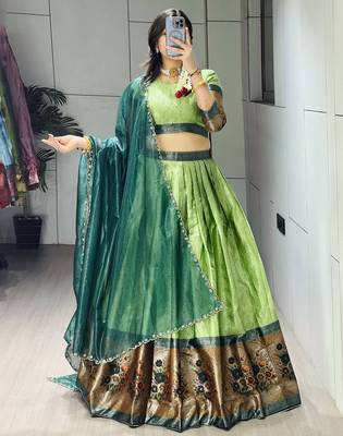 Parrot Color Silk Kalamkari Zari Weaving Border Lehenga Choli With Unstitched Blouse 2