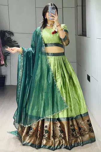 Parrot Color Silk Kalamkari Zari Weaving Border Lehenga Choli With Unstitched Blouse