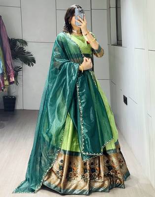 Parrot Color Silk Kalamkari Zari Weaving Border Lehenga Choli With Unstitched Blouse 3