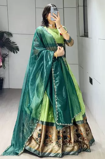 Parrot Color Silk Kalamkari Zari Weaving Border Lehenga Choli With Unstitched Blouse
