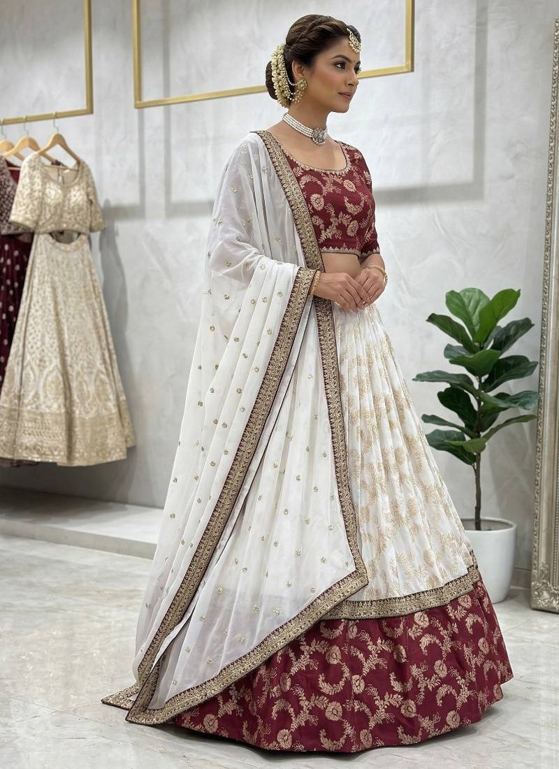 Off White Color Designer Jacquard Wedding Wear Trendy Lehenga Choli