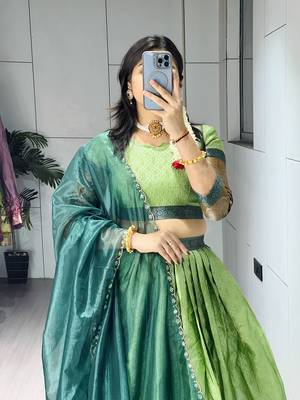 Parrot Color Silk Kalamkari Zari Weaving Border Lehenga Choli With Unstitched Blouse 4