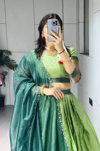 Parrot Color Silk Kalamkari Zari Weaving Border Lehenga Choli With Unstitched Blouse