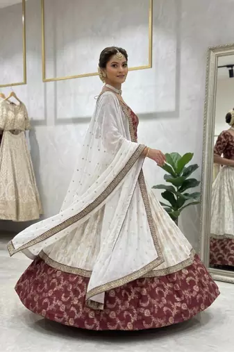 Off White Color Designer Jacquard Wedding Wear Trendy Lehenga Choli
