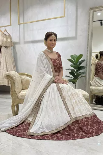 Off White Color Designer Jacquard Wedding Wear Trendy Lehenga Choli