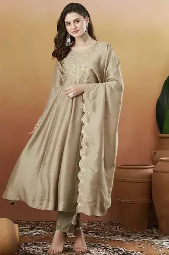 Elegant cream embroidered  anarkali kurta set with dupatta & pant