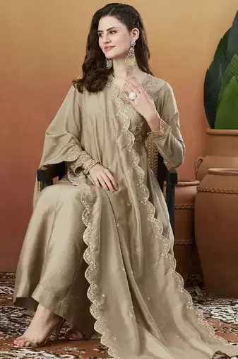 Elegant cream embroidered  anarkali kurta set with dupatta & pant