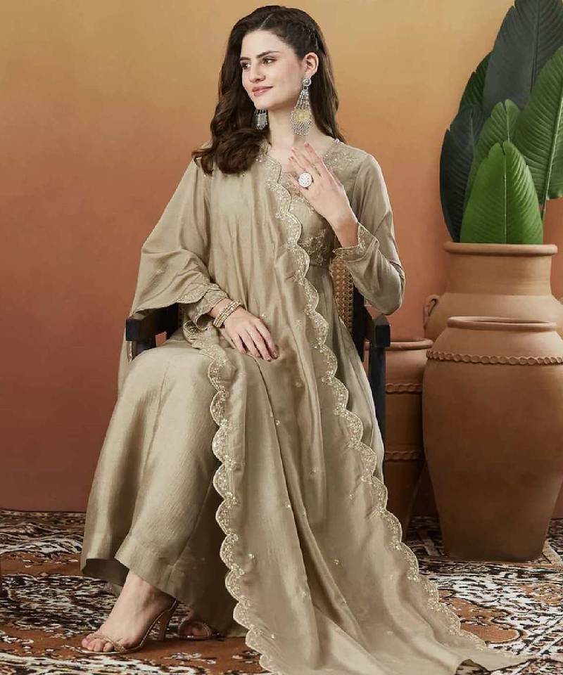 Elegant cream embroidered  anarkali kurta set with dupatta & pant