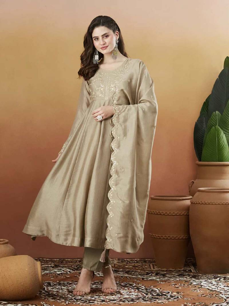 Elegant cream embroidered  anarkali kurta set with dupatta & pant