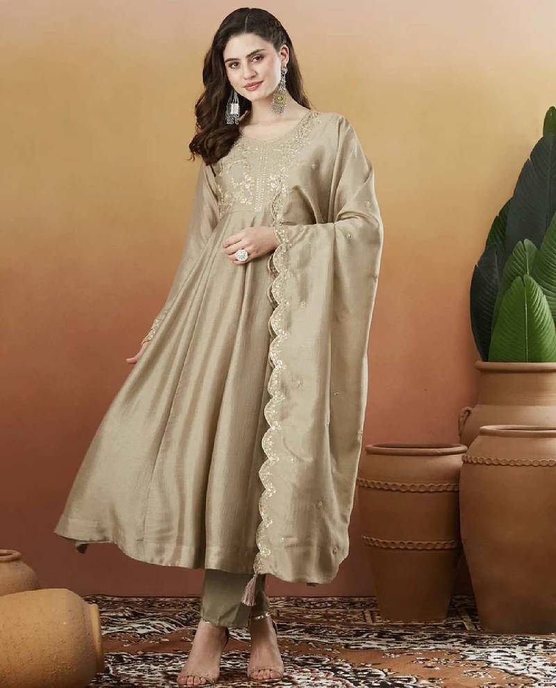 Elegant cream embroidered  anarkali kurta set with dupatta & pant