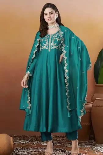 Elegant aqua blue embroidered  anarkali kurta set with dupatta & pant