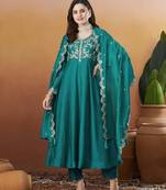 Elegant aqua blue embroidered  anarkali kurta set with dupatta & pant