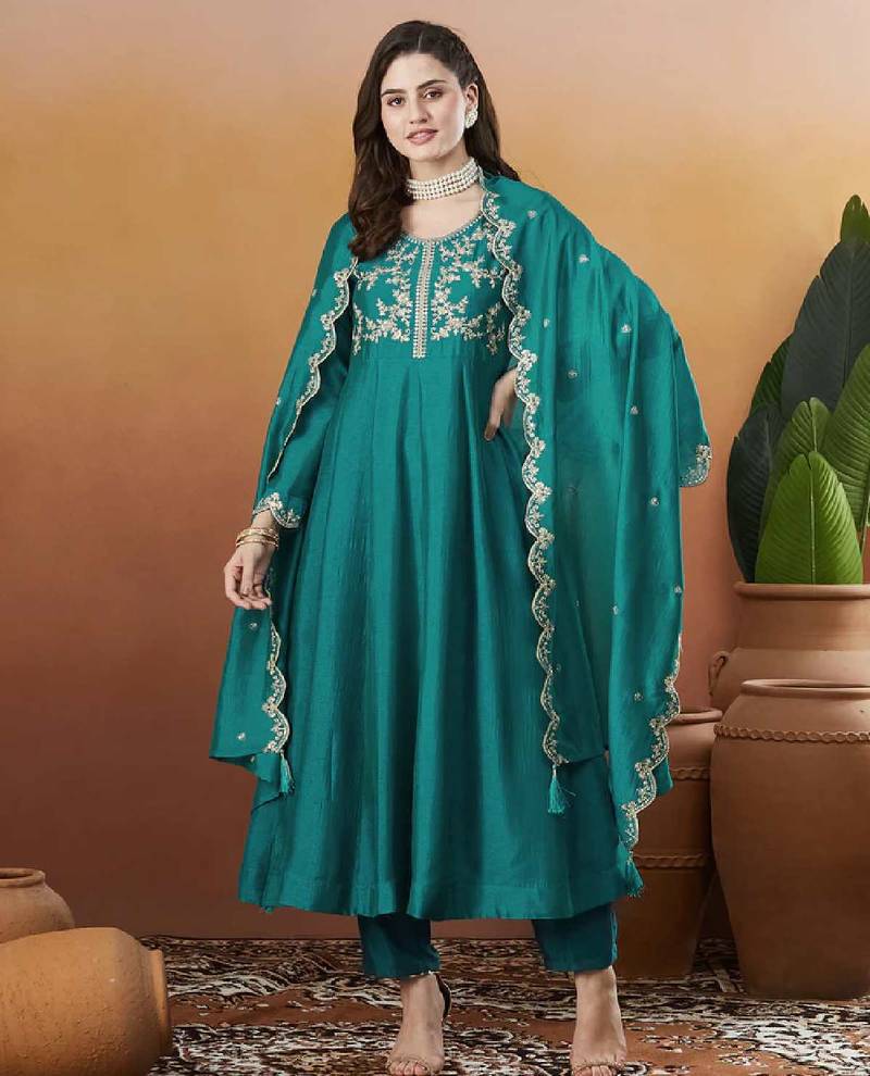 Elegant aqua blue embroidered  anarkali kurta set with dupatta & pant