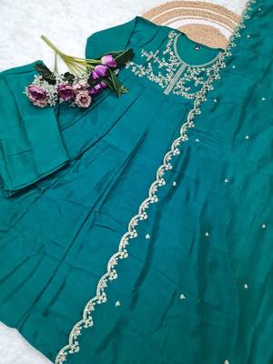  aqua blue embroidered anarkali kurta set with dupatta & pant 2