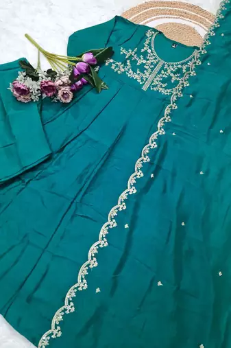 aqua blue embroidered anarkali kurta set with dupatta & pant
