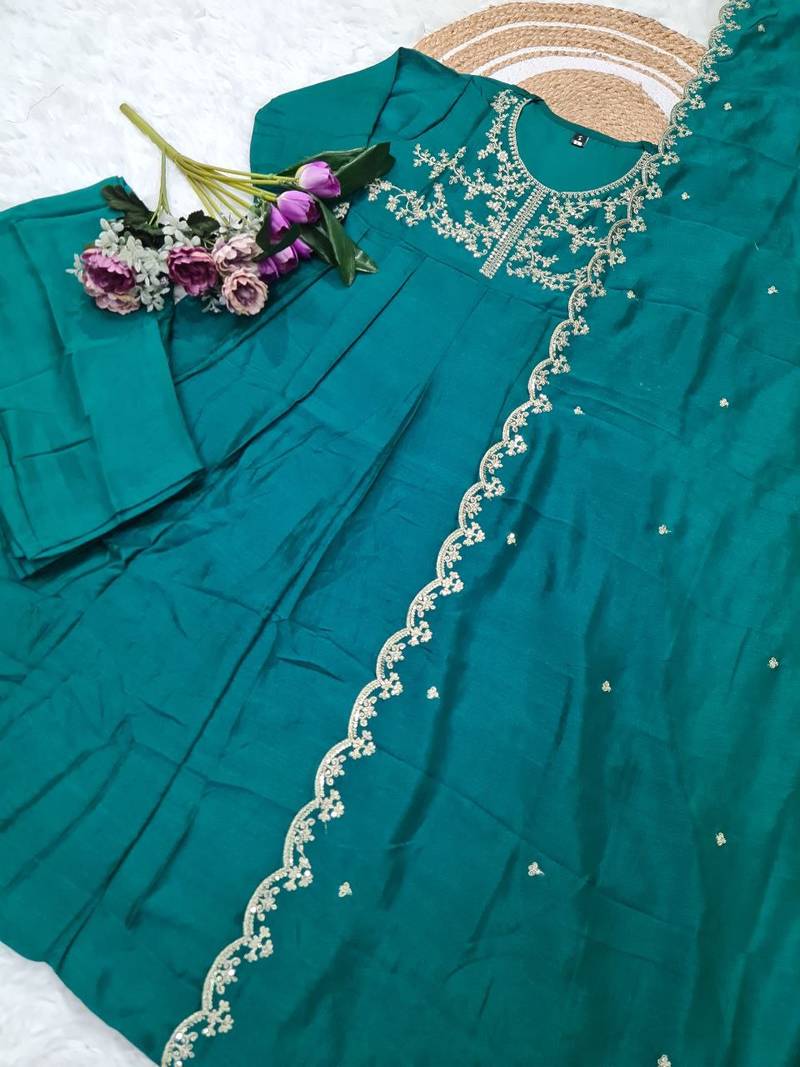  aqua blue embroidered anarkali kurta set with dupatta & pant