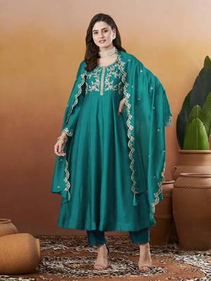  aqua blue embroidered anarkali kurta set with dupatta & pant 4