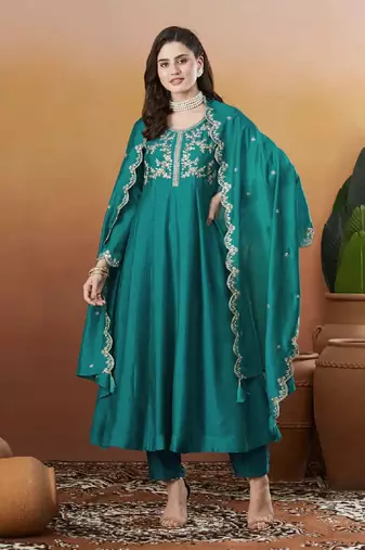 Elegant aqua blue embroidered  anarkali kurta set with dupatta & pant