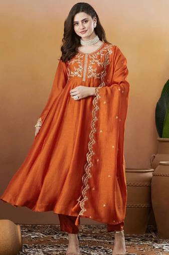 Elegant rust embroidered  anarkali kurta set with dupatta & pant