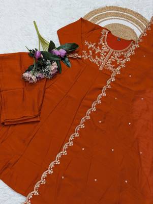  rust embroidered anarkali kurta set with dupatta & pant 2