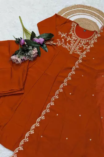  rust embroidered anarkali kurta set with dupatta & pant