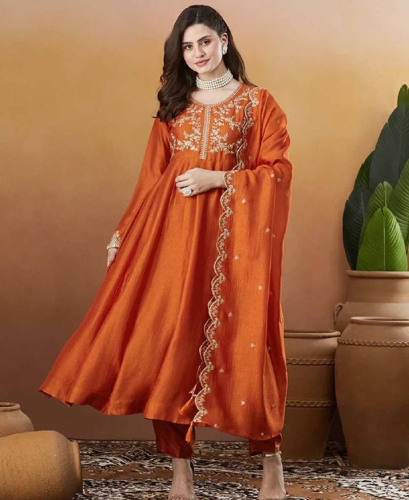Elegant rust embroidered  anarkali kurta set with dupatta & pant