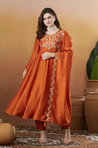 Elegant rust embroidered  anarkali kurta set with dupatta & pant