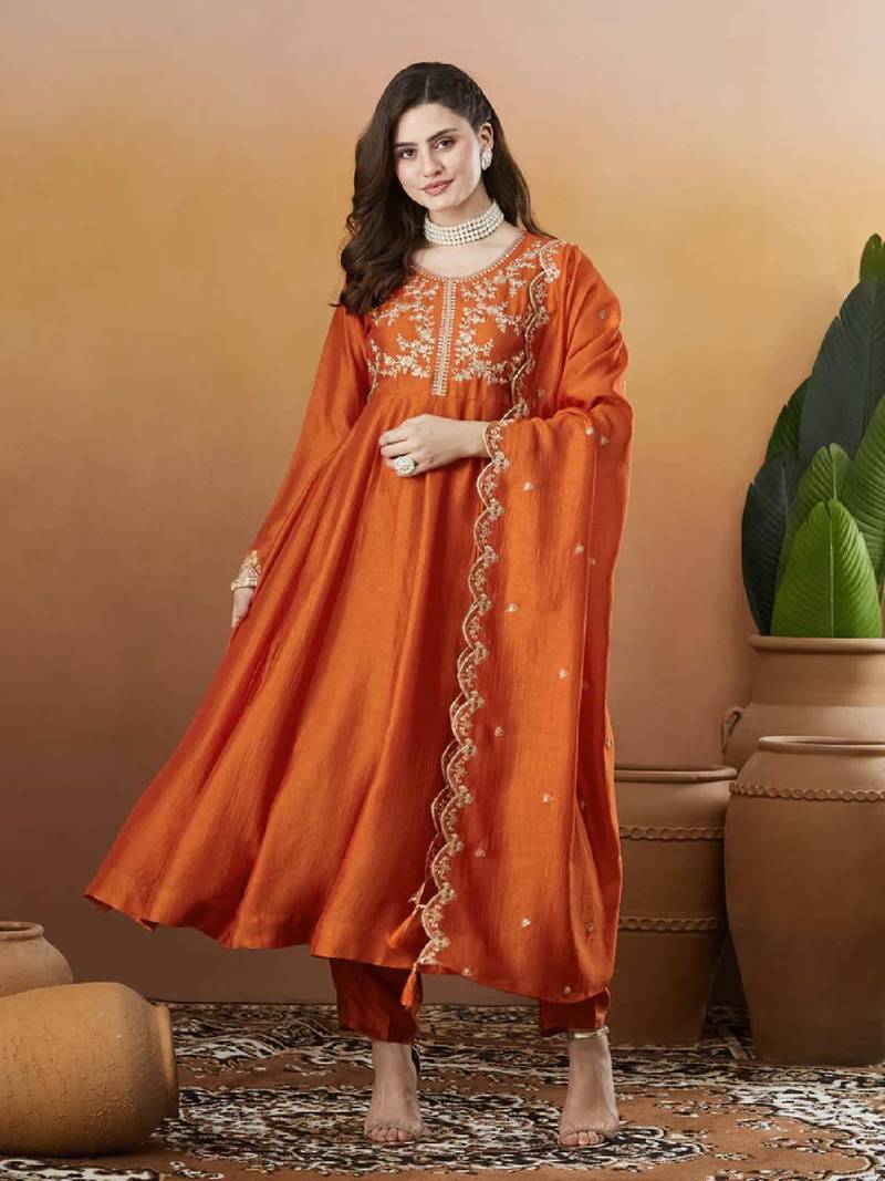 Elegant rust embroidered  anarkali kurta set with dupatta & pant