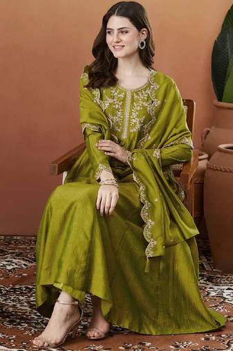 Elegant mehendi embroidered  anarkali kurta set with dupatta & pant