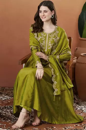 Elegant mehendi embroidered  anarkali kurta set with dupatta & pant