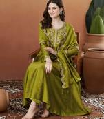 Elegant mehendi embroidered  anarkali kurta set with dupatta & pant