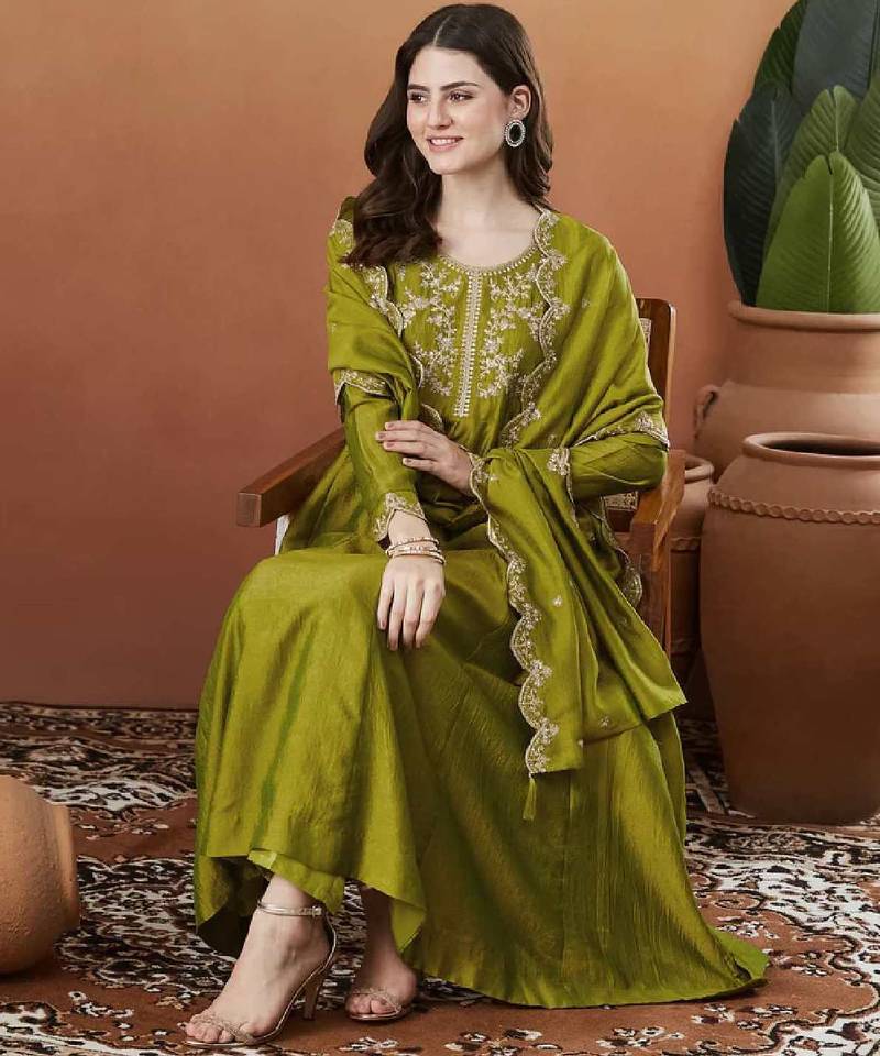 Elegant mehendi embroidered  anarkali kurta set with dupatta & pant