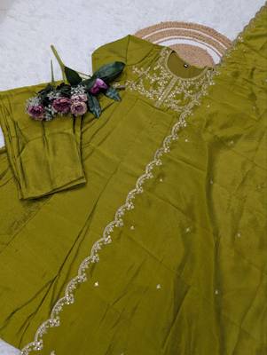  mehendi embroidered anarkali kurta set with dupatta & pant 2