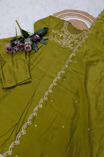  mehendi embroidered anarkali kurta set with dupatta & pant