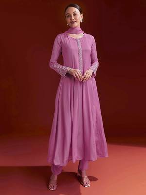 Pink Star Georgette Beads Embroidery Work Anarkali Kurta Pant Set with Dupatta 1
