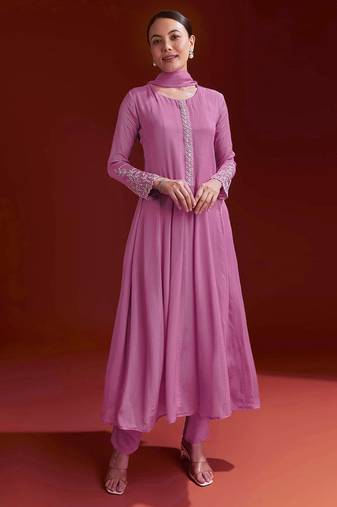 Pink Star Georgette Beads Embroidery Work Anarkali Kurta Pant Set with Dupatta